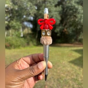 Red Bow Silver Handmade Pen with Fur Accent
